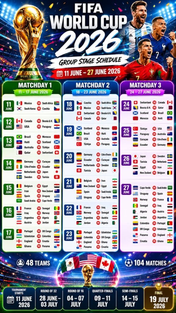 FIFA World Cup 2026 complete schedule infographic showing group stage, knockout rounds, semifinals, and final match dates across USA, Canada, and Mexico.