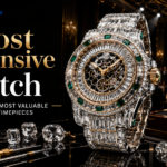 Most Expensive Watch – ultra-luxury diamond-encrusted timepiece featured in a premium editorial design with auction hall background.