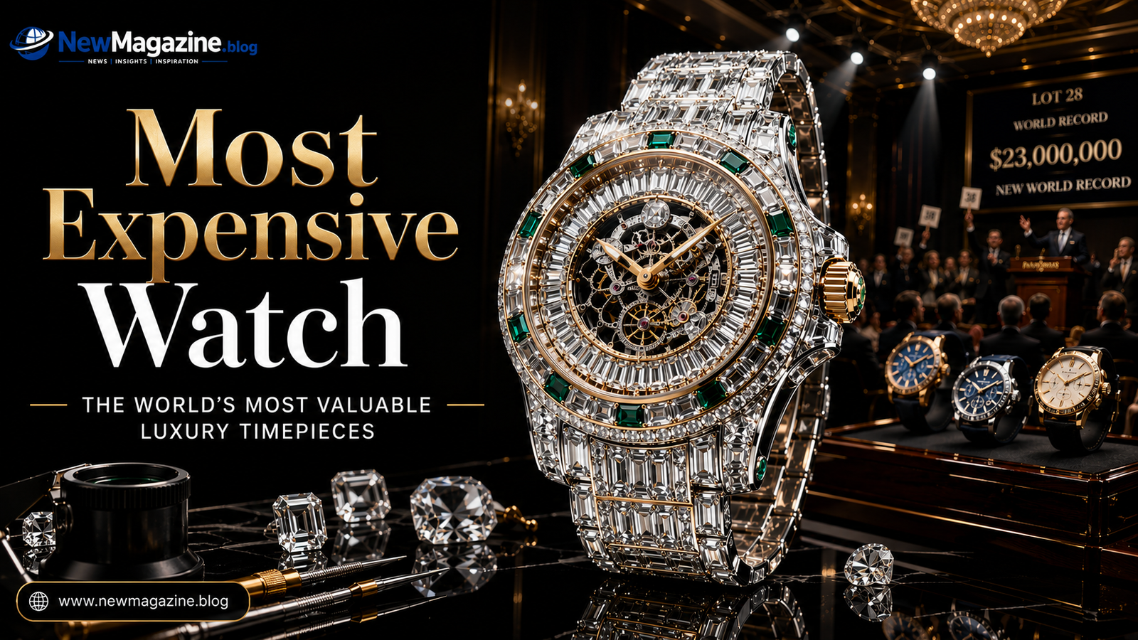 Most Expensive Watch – ultra-luxury diamond-encrusted timepiece featured in a premium editorial design with auction hall background.